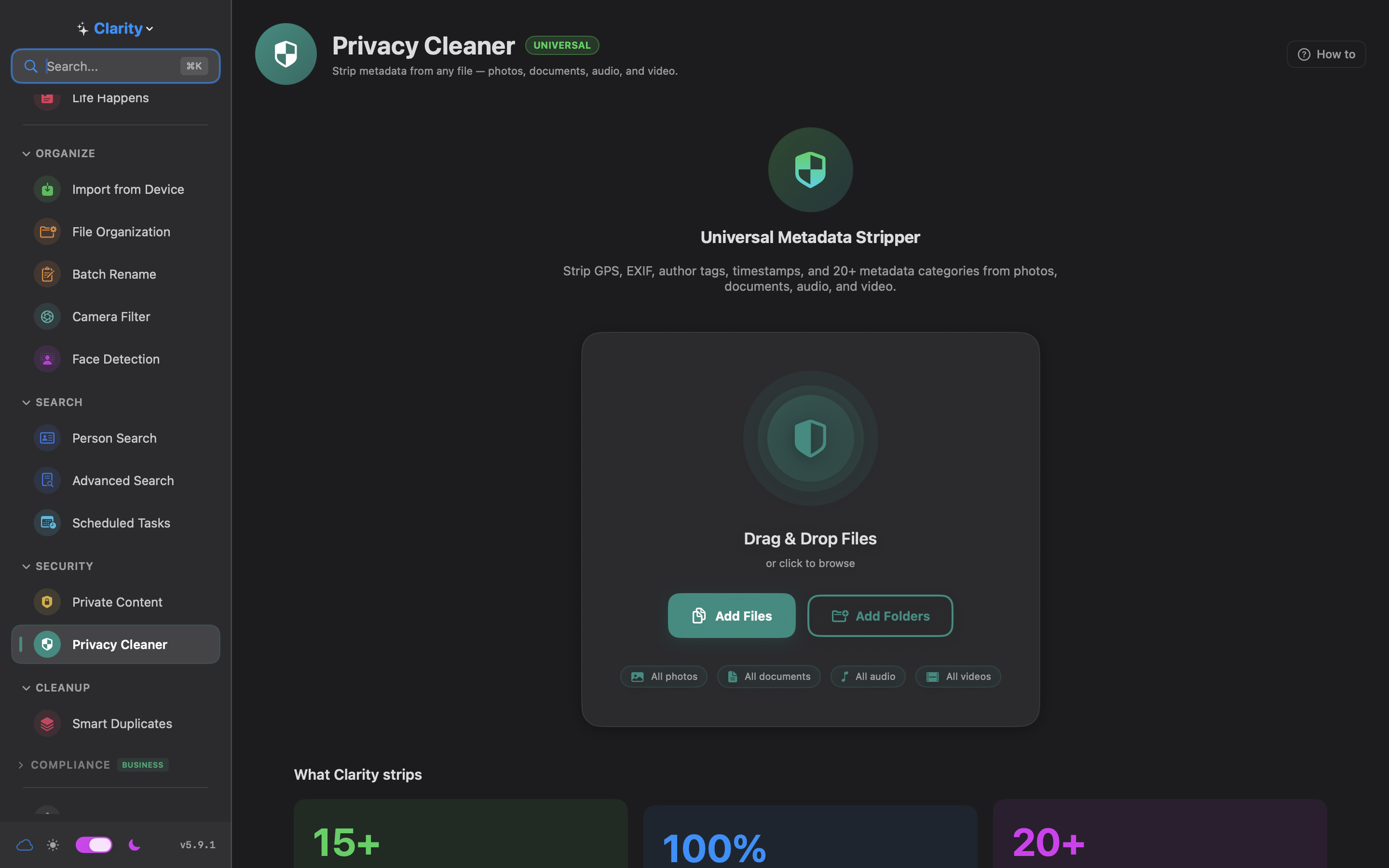 Clarity Privacy Cleaner removing hidden metadata from files